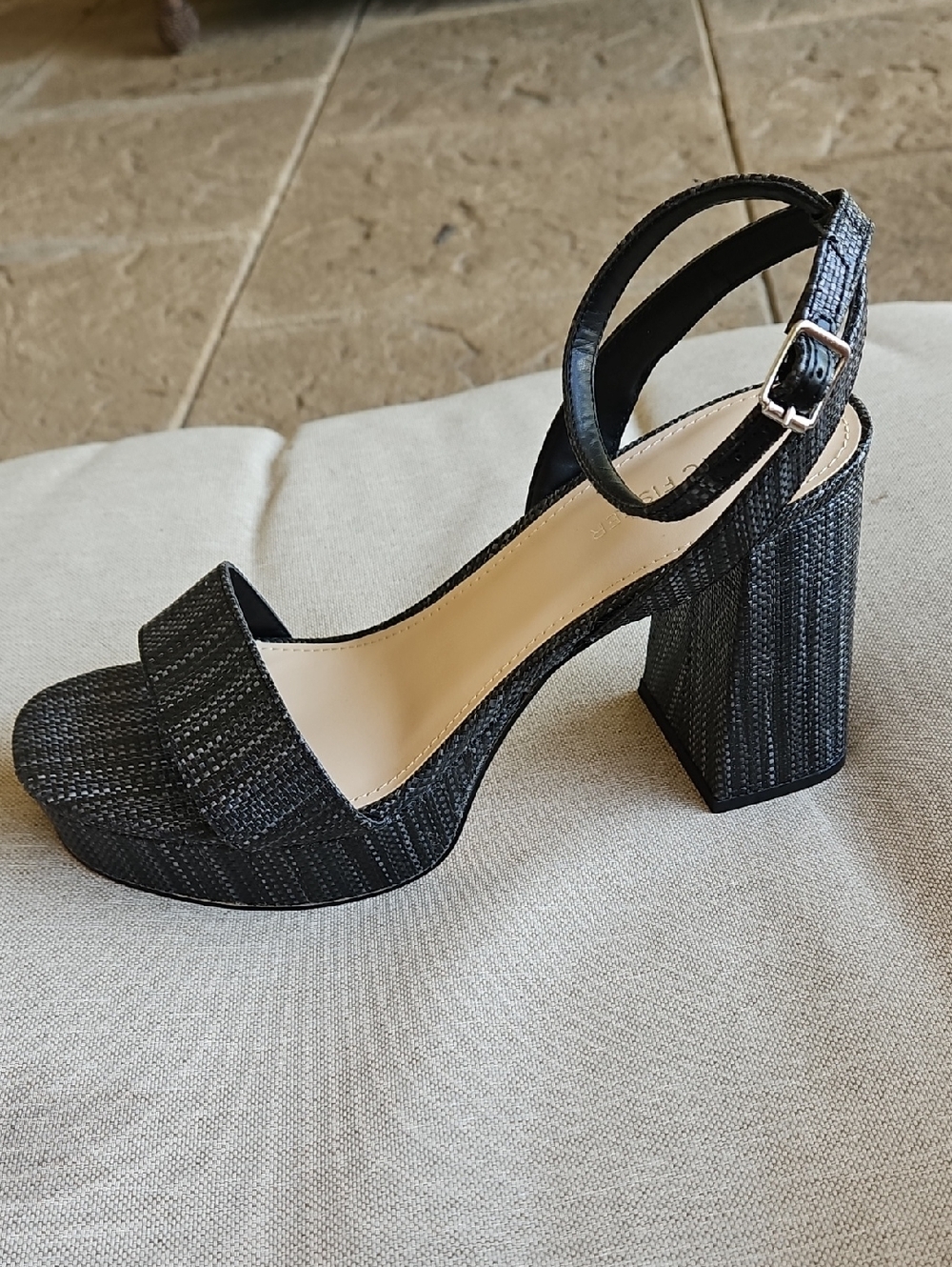 Marc Fisher Sadel Block Heel Ankle Strap Dress Sandals Woven Black 9.5